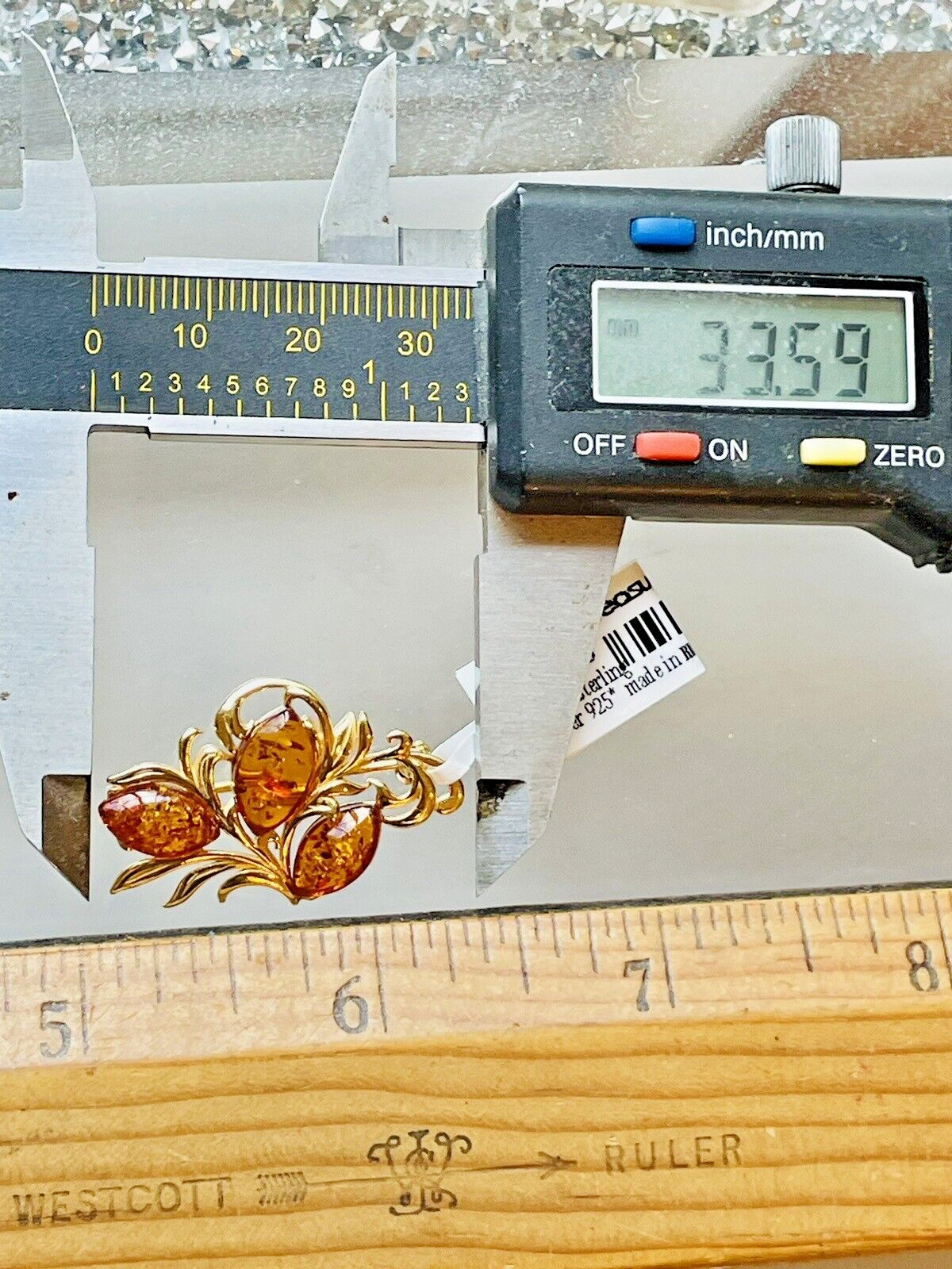 Genuine 14K Gold Filled Gilded Baltic Honey Cognac Amber Color Pin Brooch 925*