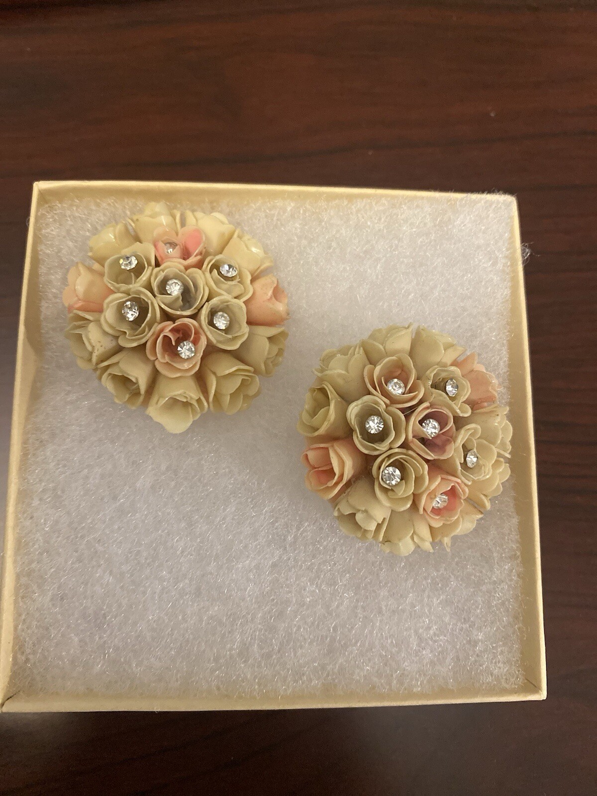 Antique Stunning Rose Petals With Rhinestones Clip On earrings- Made In Japan C6