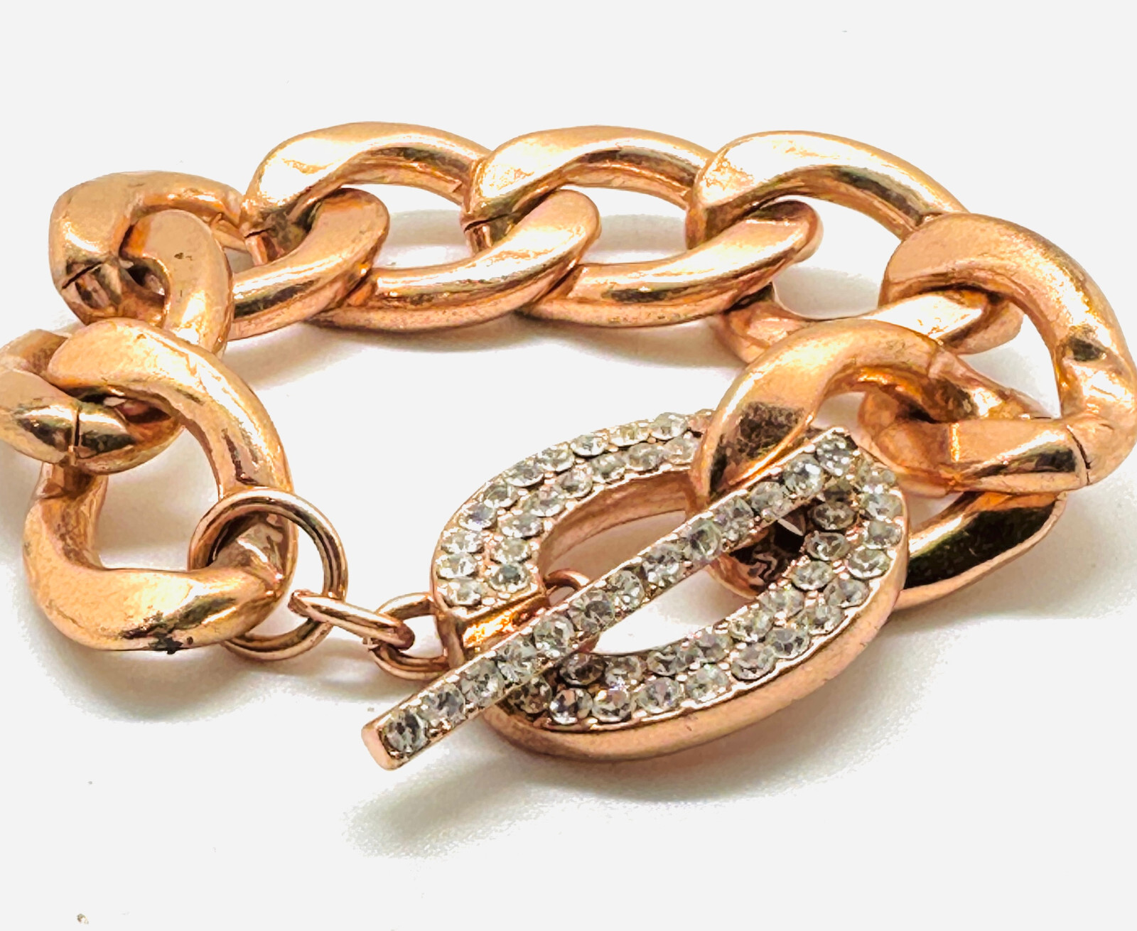 Vtg Copper Color Chunky Link Rhinestone Toggle Bracelet 7.5″ Minty Condition