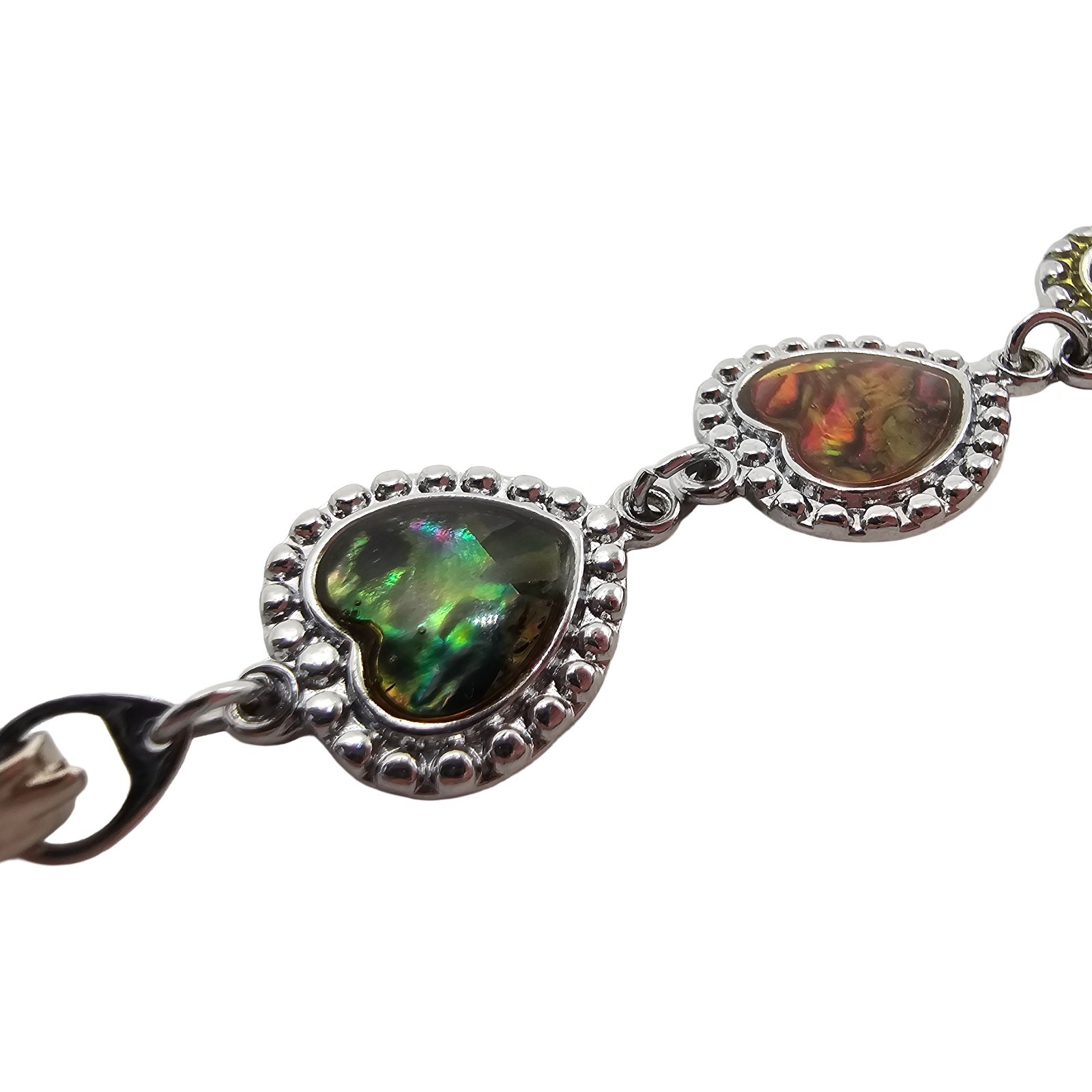 Vintage Abalone Paua Shell Heart Link Bracelet Silver Tone Iridescent Boho MOP