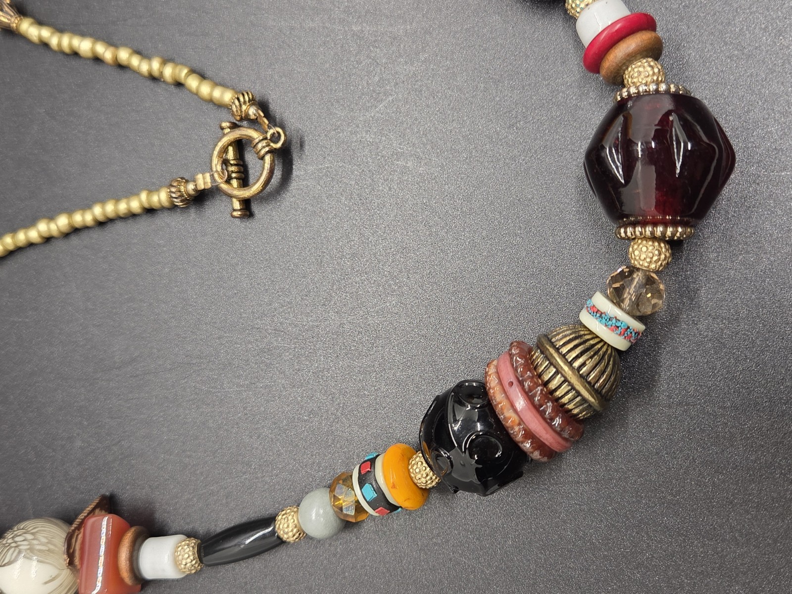 VTG Boho Necklace Artisan Glass Ceramic Lucite Stone Wood Fun Festival Beads 28″