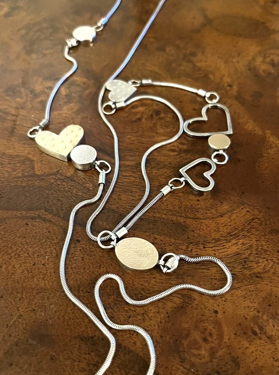 Vtg Estate Mid Century Modernist Textured Sterling Gold Hearts Station Necklace