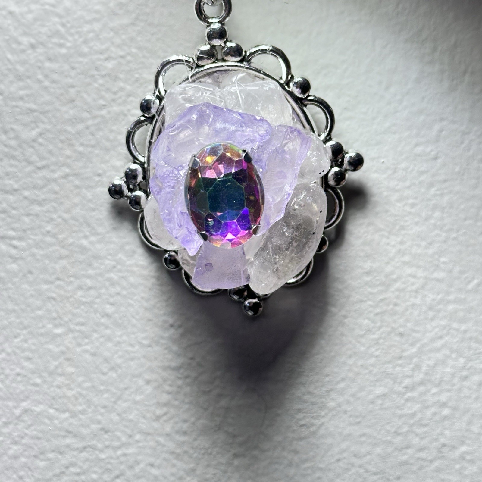ARTISAN QUARTZ PENDANT GLASS BEADED COLLAGE NECKLACE HANDMADE STATEMENT OOAK