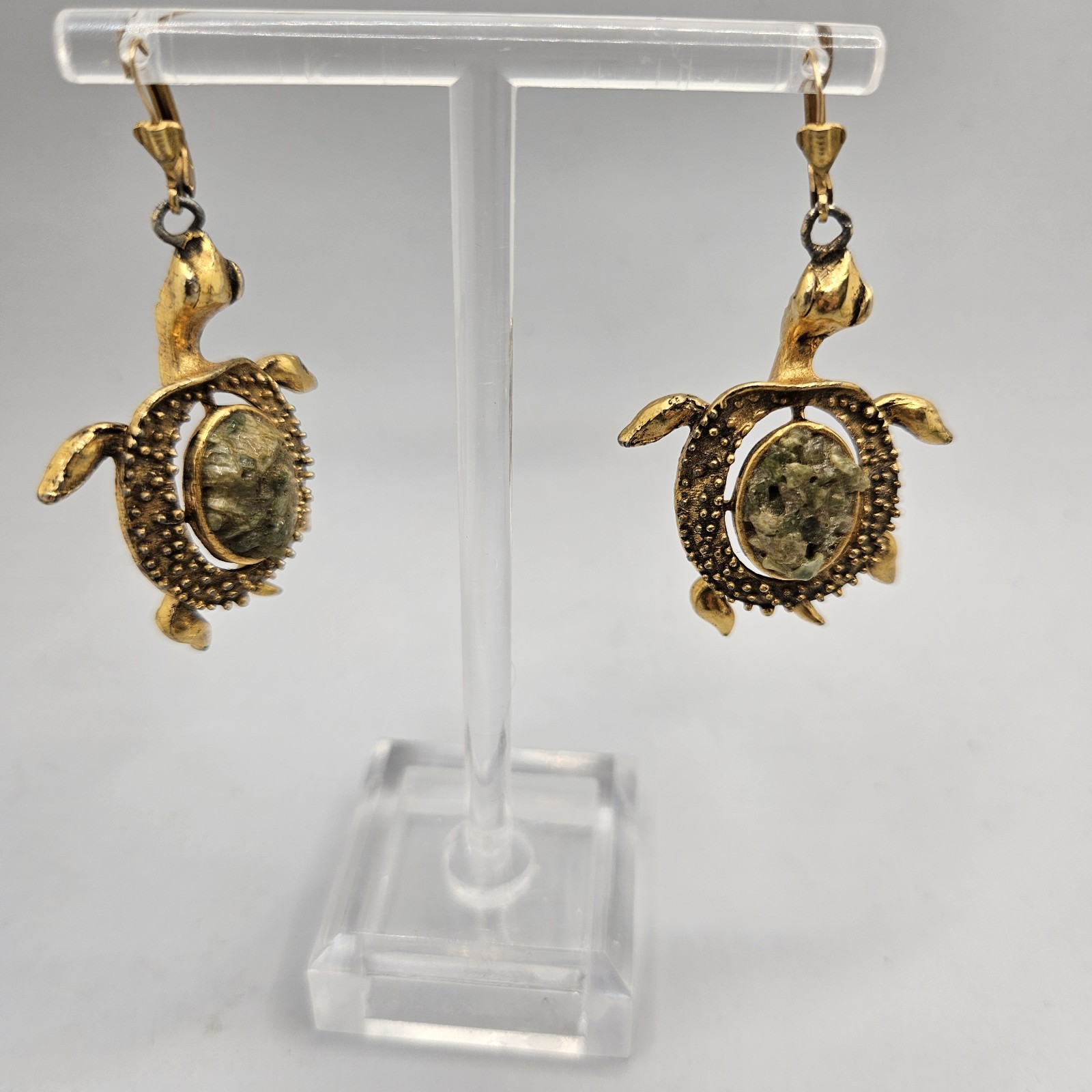Vintage Gold Tone Turtle Earrings Dangle Hook Pierced Faux Druzy Stone Chunky2″