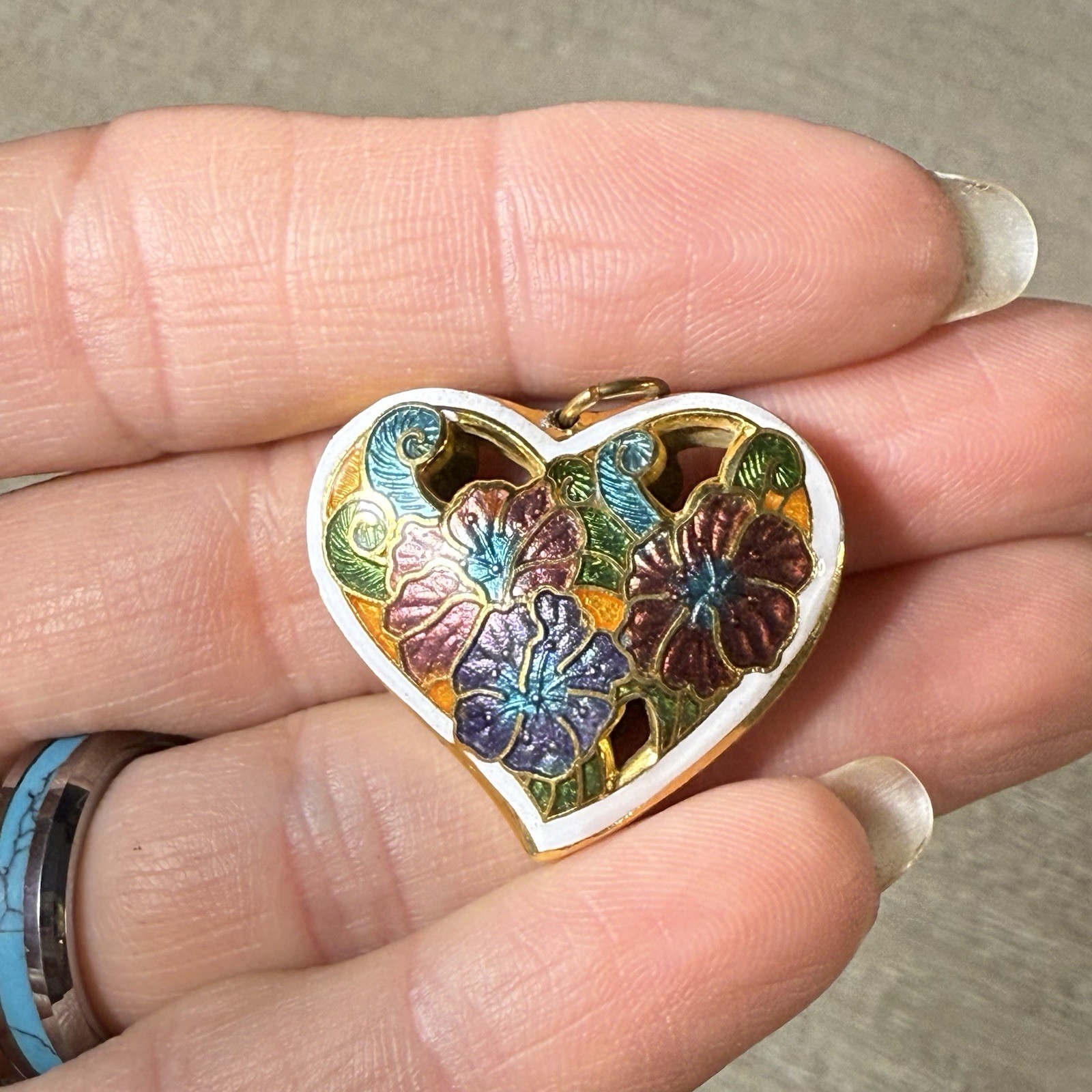Vintage White Cloisonne Enamel Floral Puff Heart Pendant Double Sided