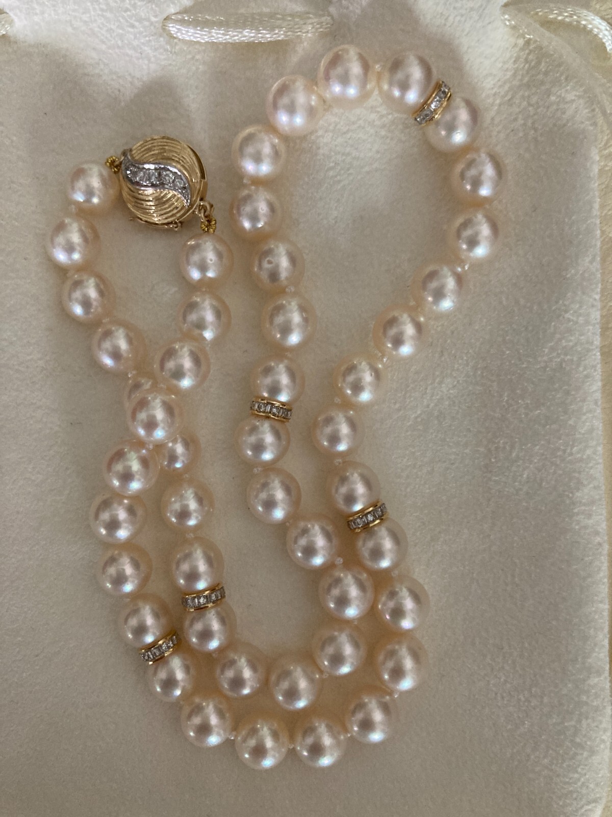 Vintage Diamond 14k Akoya Pearl Necklace 17.5”, 8-8.5mm
