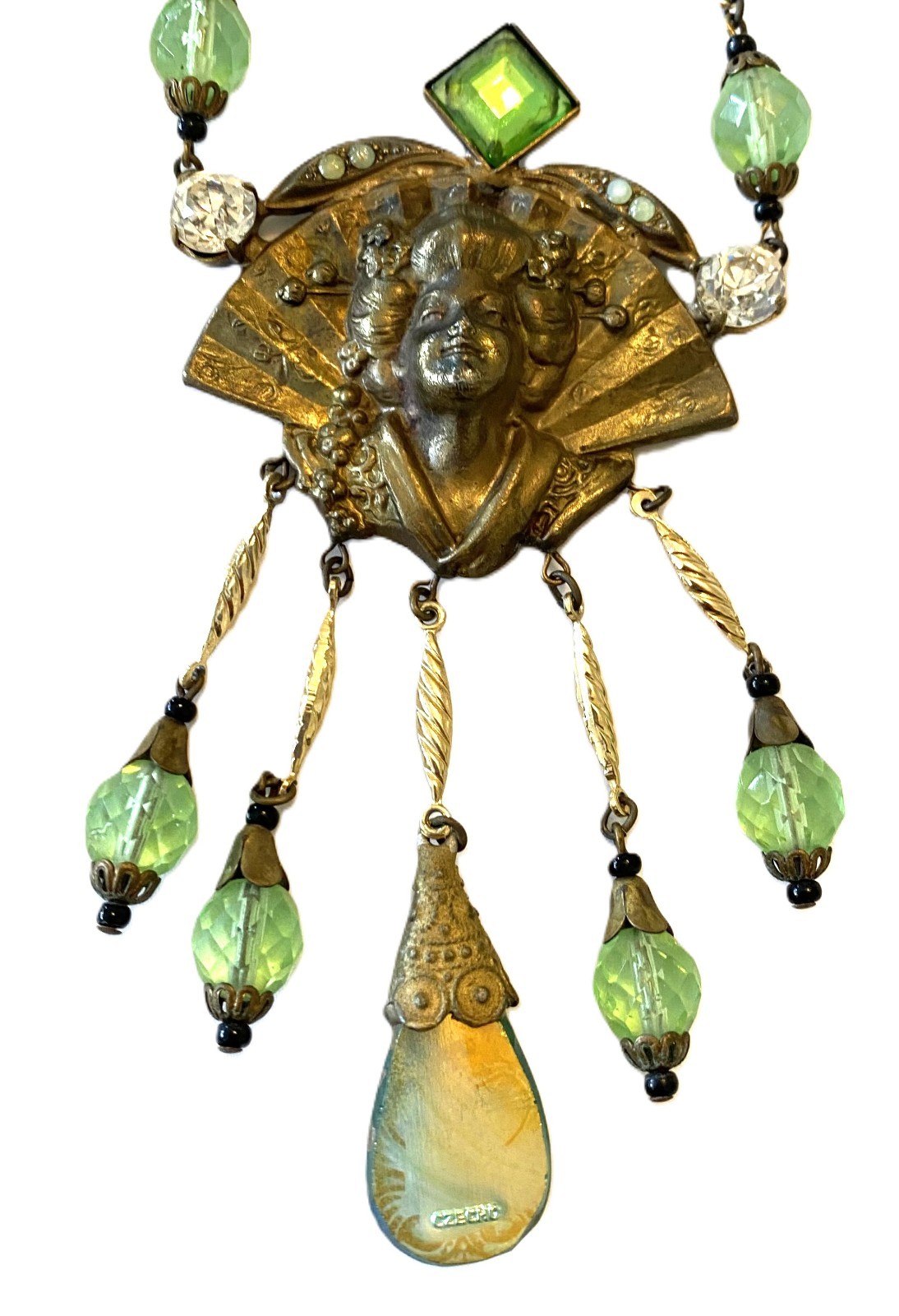 Vintage Art Deco Czech Glass Necklace- Geisha & Fan Motif, Green Glass Beads.