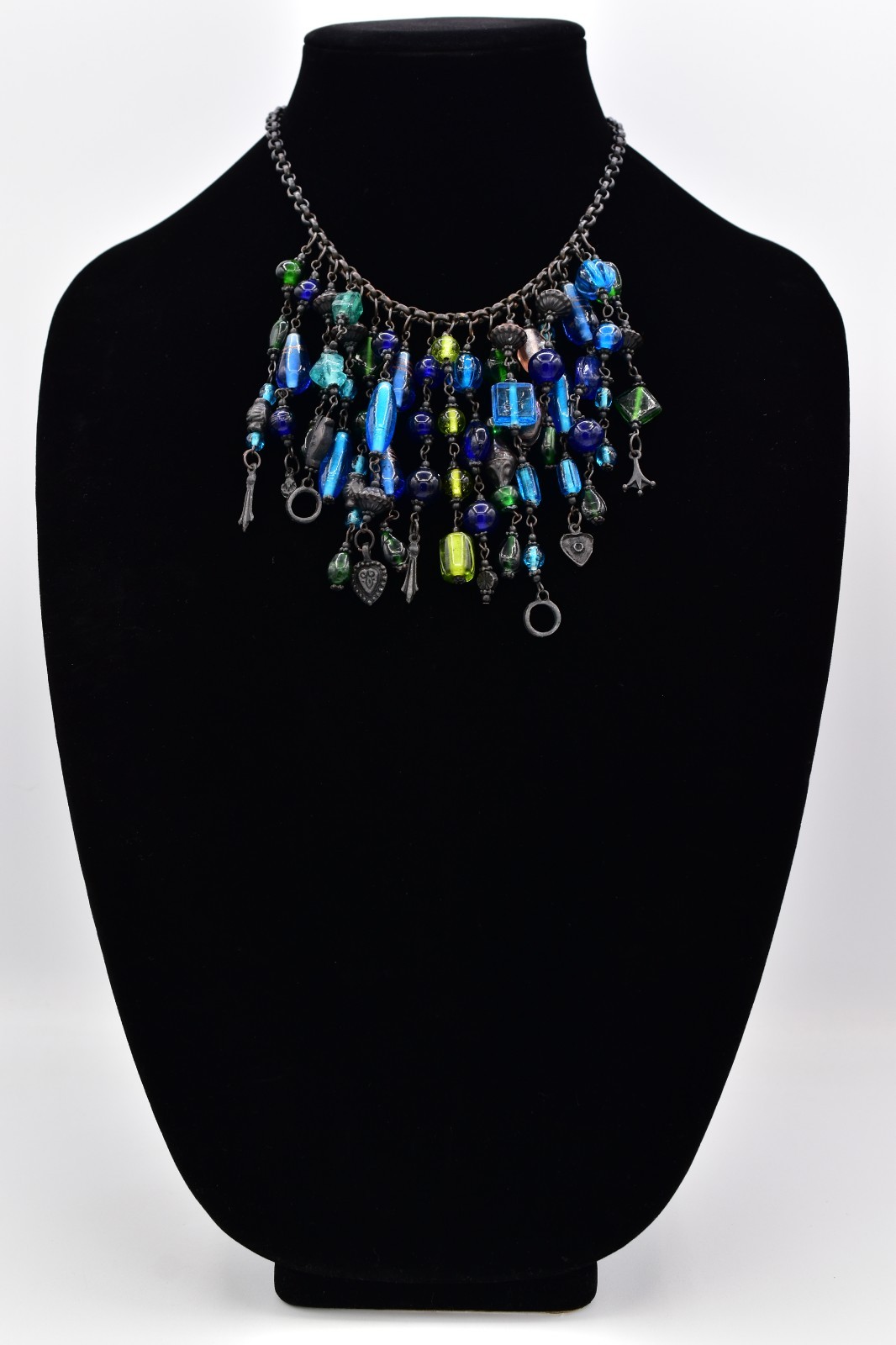 Vintage Glass Beaded Bib Collar Necklace Blue Green Fringe Gunmetal Chunky BinBQ