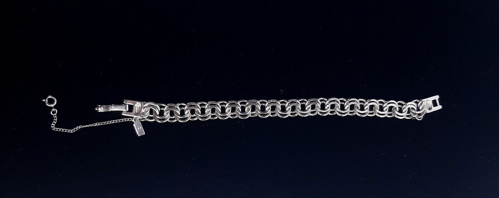 Vintage 7.5″ Double Link Charm Bracelet Silver Tone Safety Chain Security Clasp