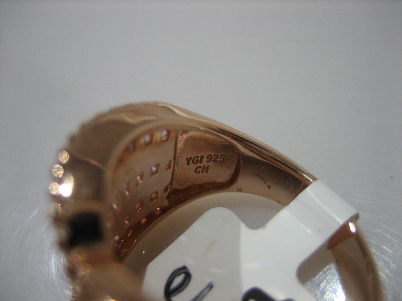 STUNNING YGI ROSE GOLD TONE STERLING SILVER PINK CRYSTAL CIGAR RING SIZE 6.5