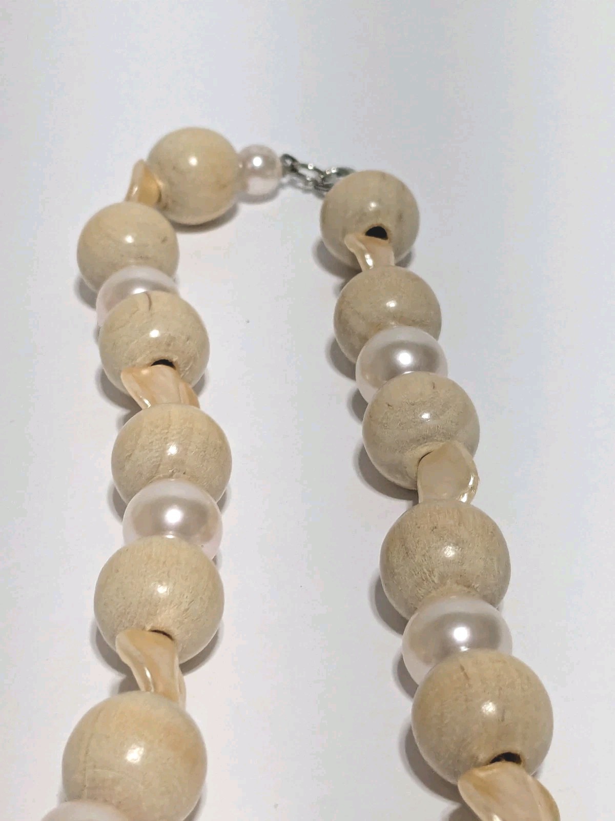 Vintage Wood Bead, Shell & Imitation Pearl Necklace. Light Colors 14″. BOHO