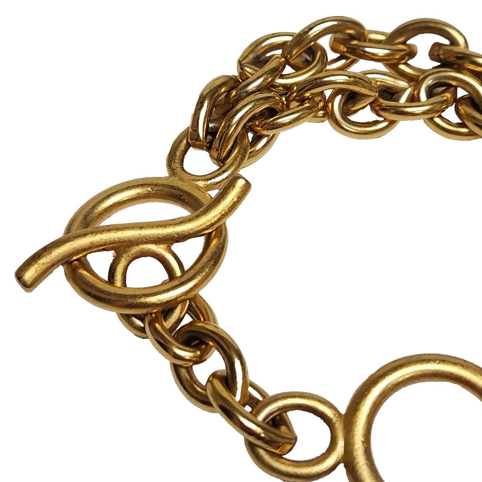 Vintage 80’s Brushed Gold Tone Double Rolo Link Toggle Bracelet Barrell Dangles