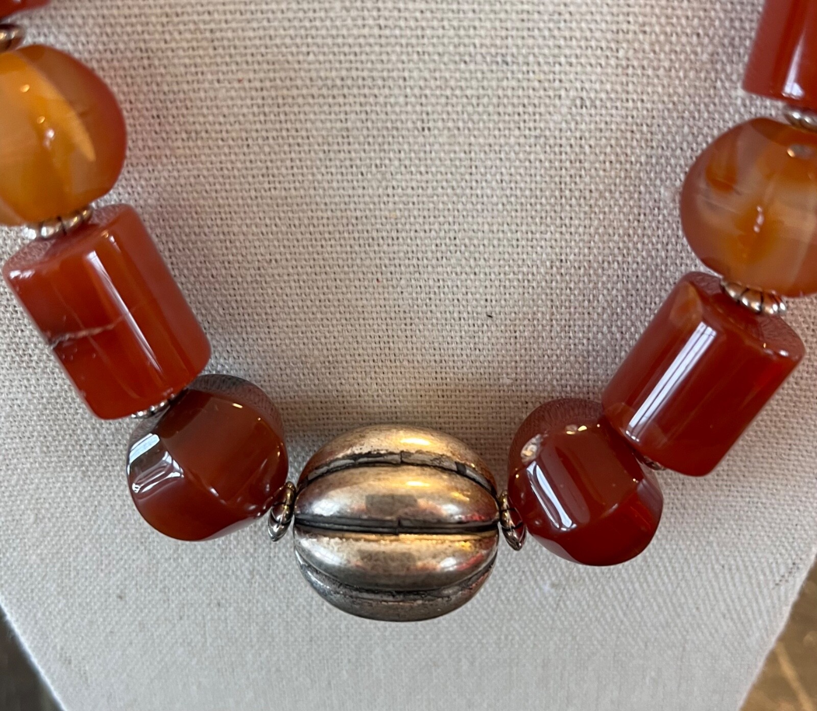Fabulous 24″Heavy 1990s Carnelian & Silver Bead Fashion Necklace Fish Hook Clasp