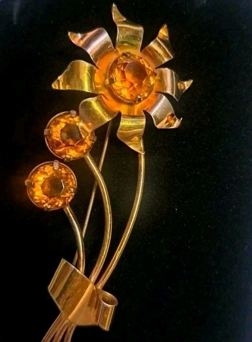 Huge 4″ Sterling Silver Gold Wash Flower Brooch Pin Amber Citrine Glass 16 Grams