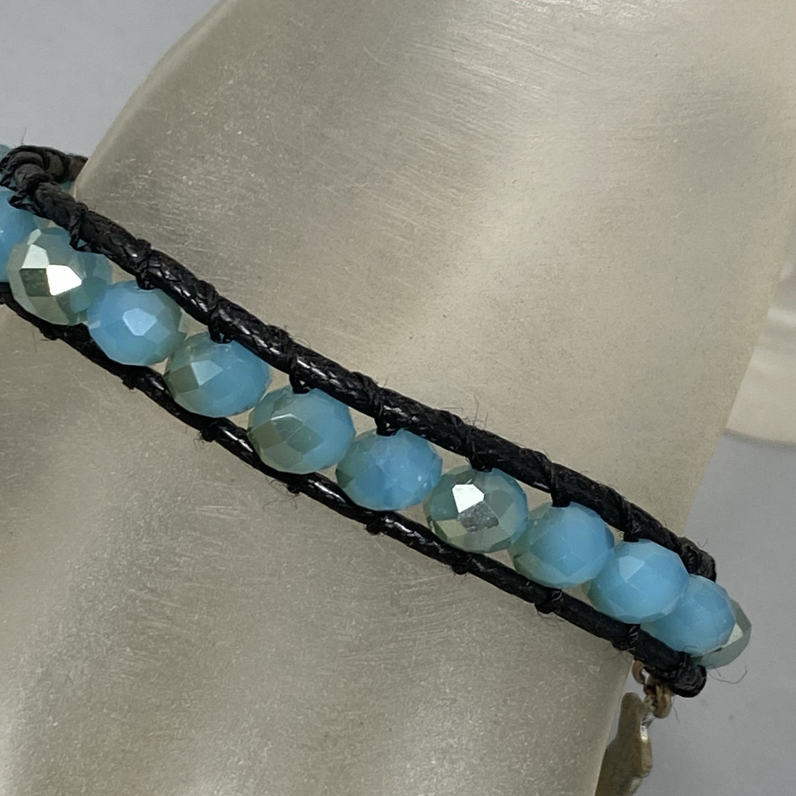Glass Bead Bracelet Faux Leather Cord Blue Surface Coated Western Button Feather