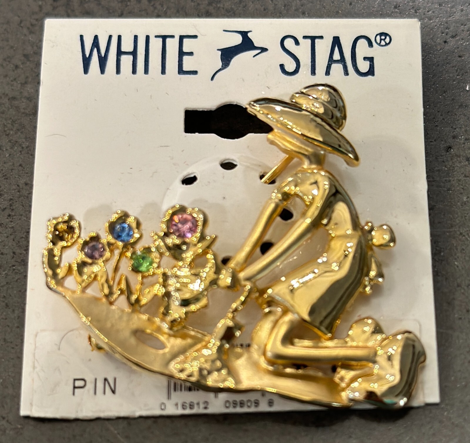 White Stag Gold Toned Gardener Brooch Pin Multi-colored Rhinestone Flowers 2″x2″