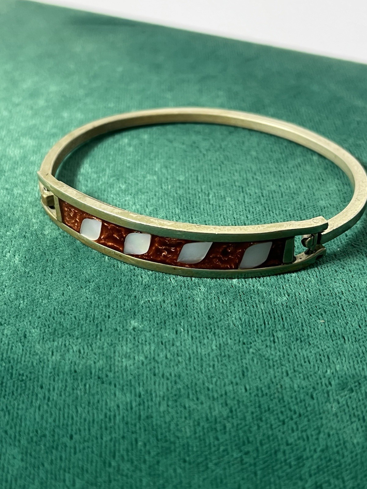 Vintage Mexico Alpaca Abalone Inlay Red And Leaf Hinged Bracelet