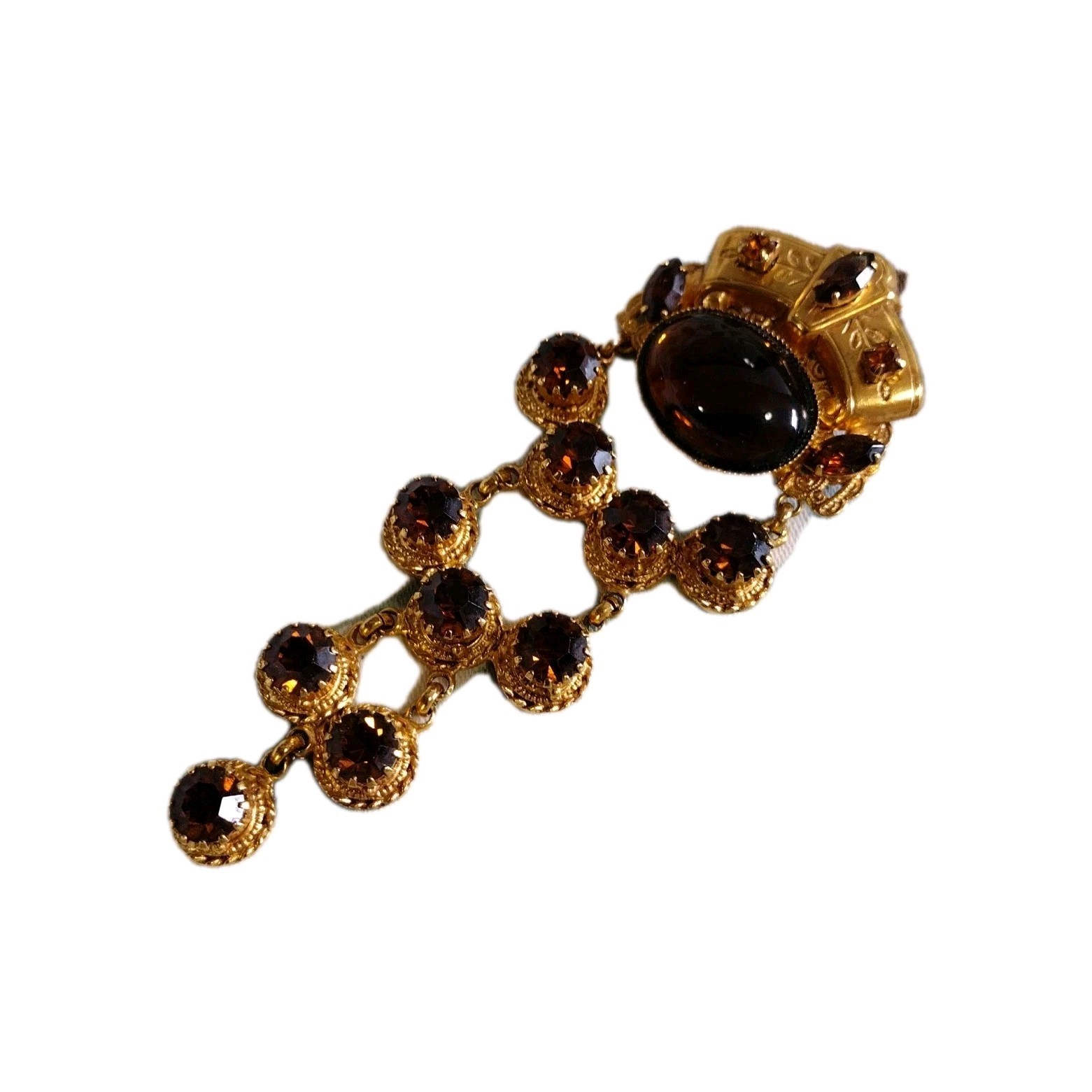 Robert Rose Gold Tone Amber Rhinestone Crown Chandelier Dangle Statement Brooch