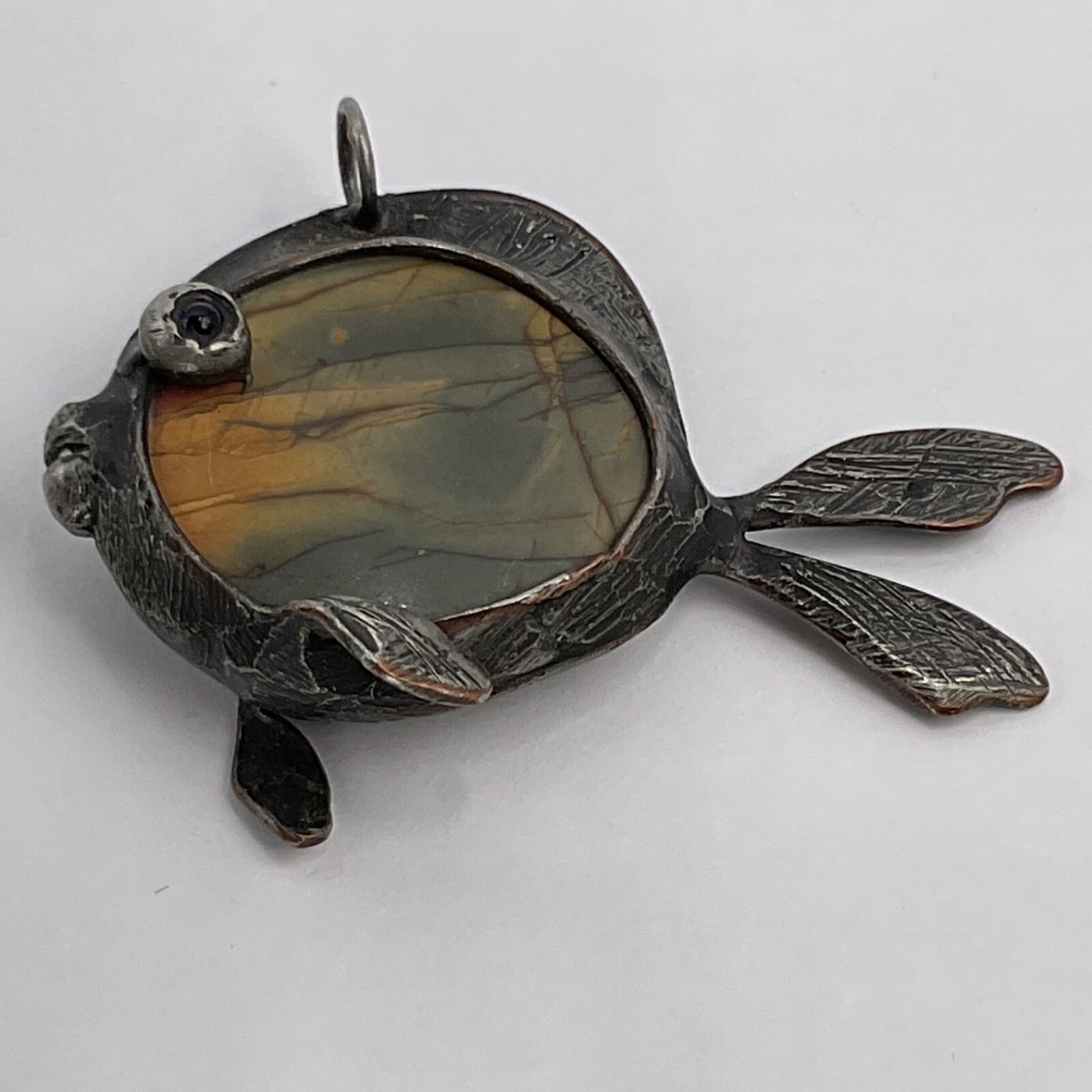 VTG Pendant Fish Jasper Gem Stone Metal Copper Artisan Handmade One of a Kind