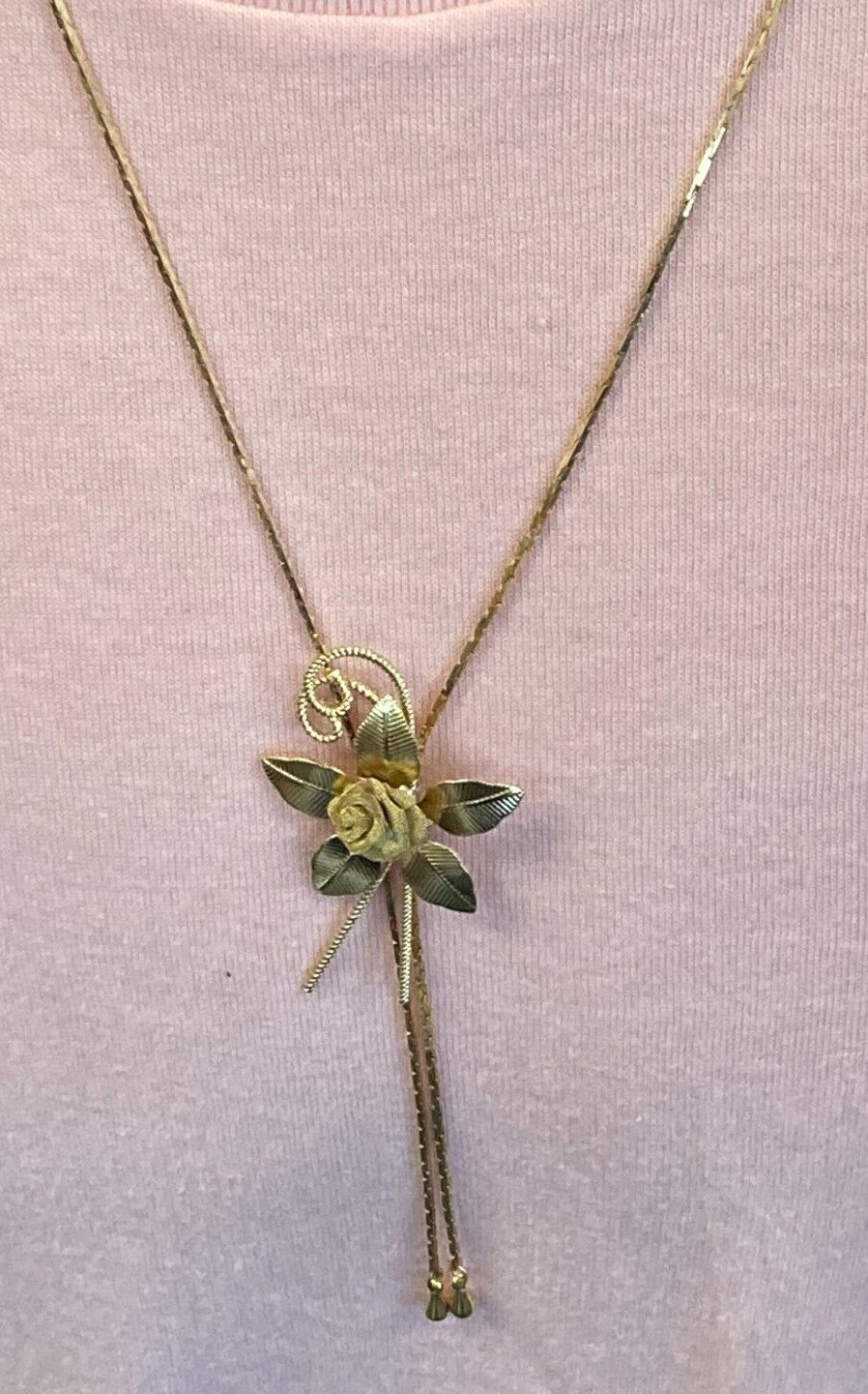 Vintage Texas Tie Flower Necklace Art Nouveau Rose Gold Tone Adjustable 30″