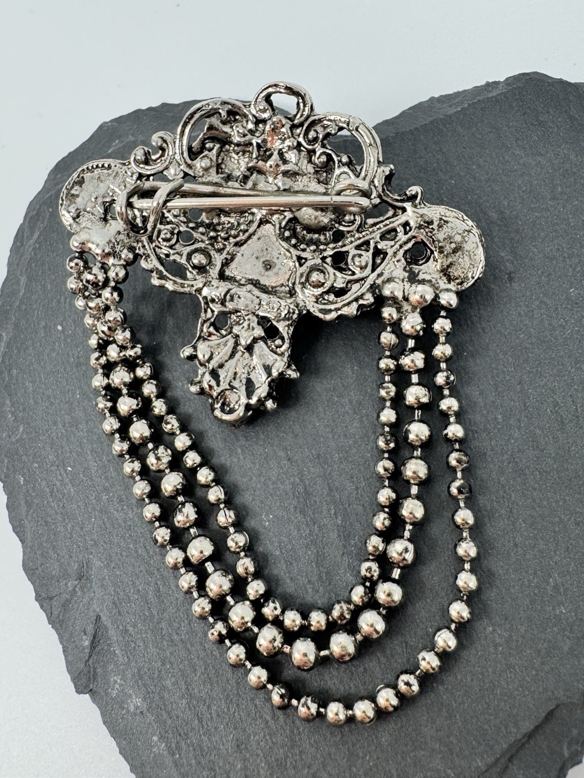 VTG Victorian Revival Gothic Brooch Silver-tone W/ Black Faux Onyx Cab Art Deco