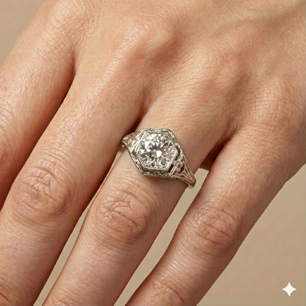 1.26ct 14k White Gold Filigree Engagement Ring Natural Champagne Round Diamond