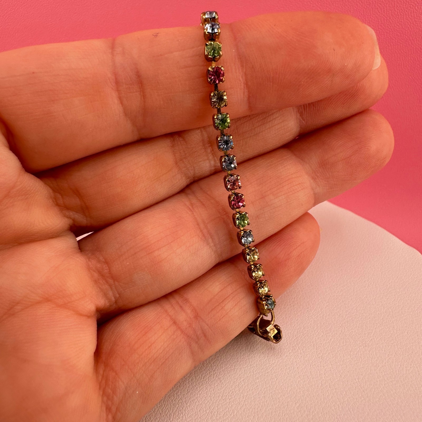 Vintage Rhinestone Bracelet Pastel Multi Color Gold Tone Tennis Cup Chain 6.75″