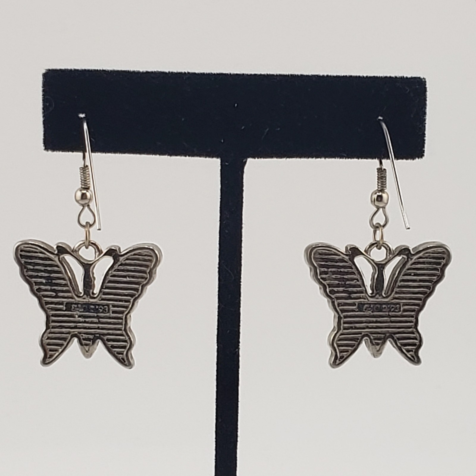 VTG Butterfly Dangle Earrings Silver Tone Turquoise Coral Chip Inlay Southwest