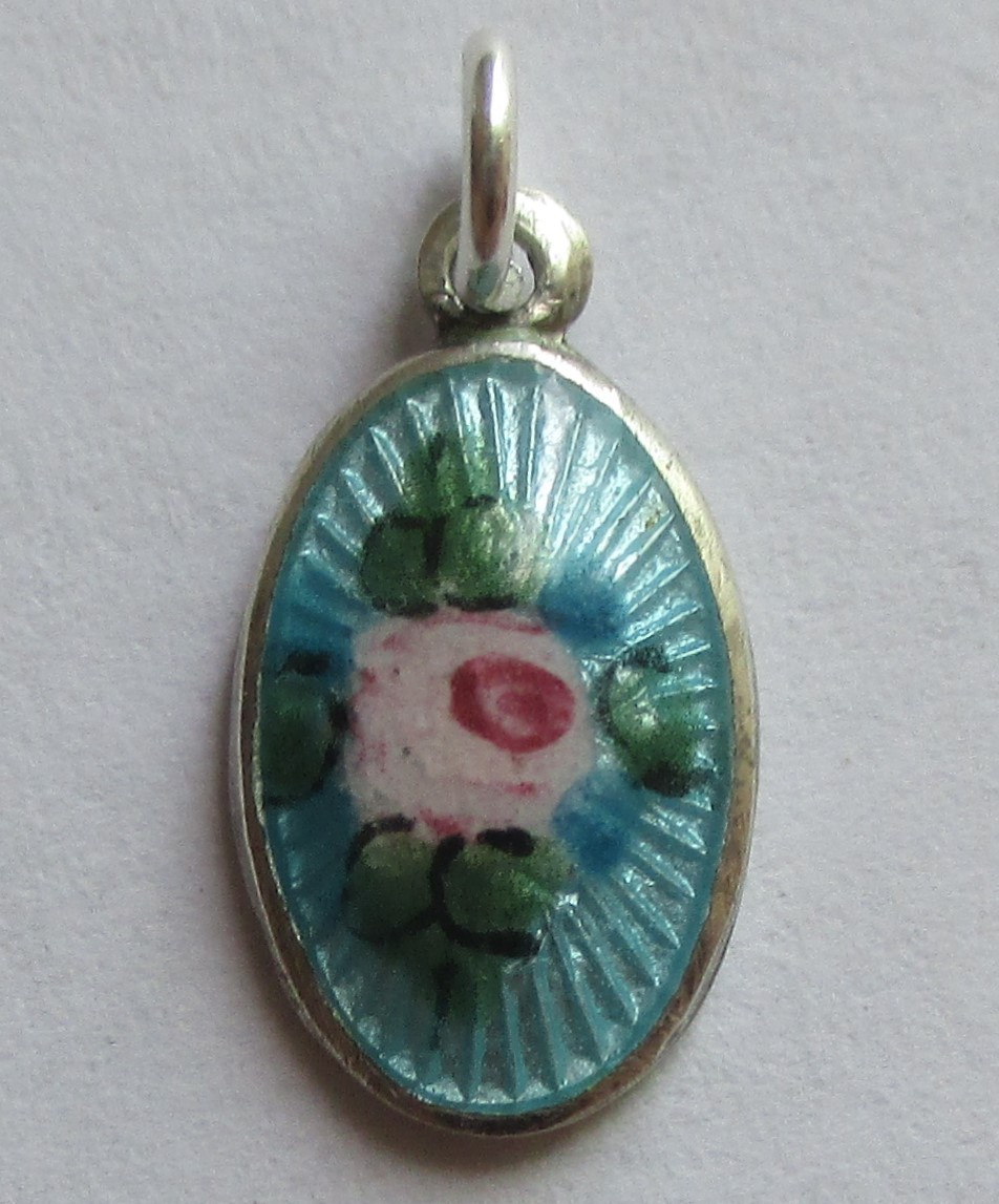 9/16in SMALL VINTAGE STERLING SILVER BLUE GUILLOCHE ENAMEL ROSE FLOWER CHARM