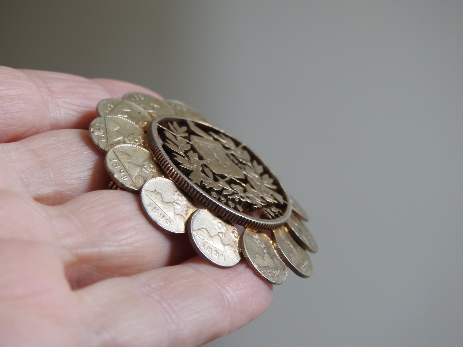 13 antique 1/4 REAL COINS & 1 PESO COIN PIN GUATEMALA silver brooch