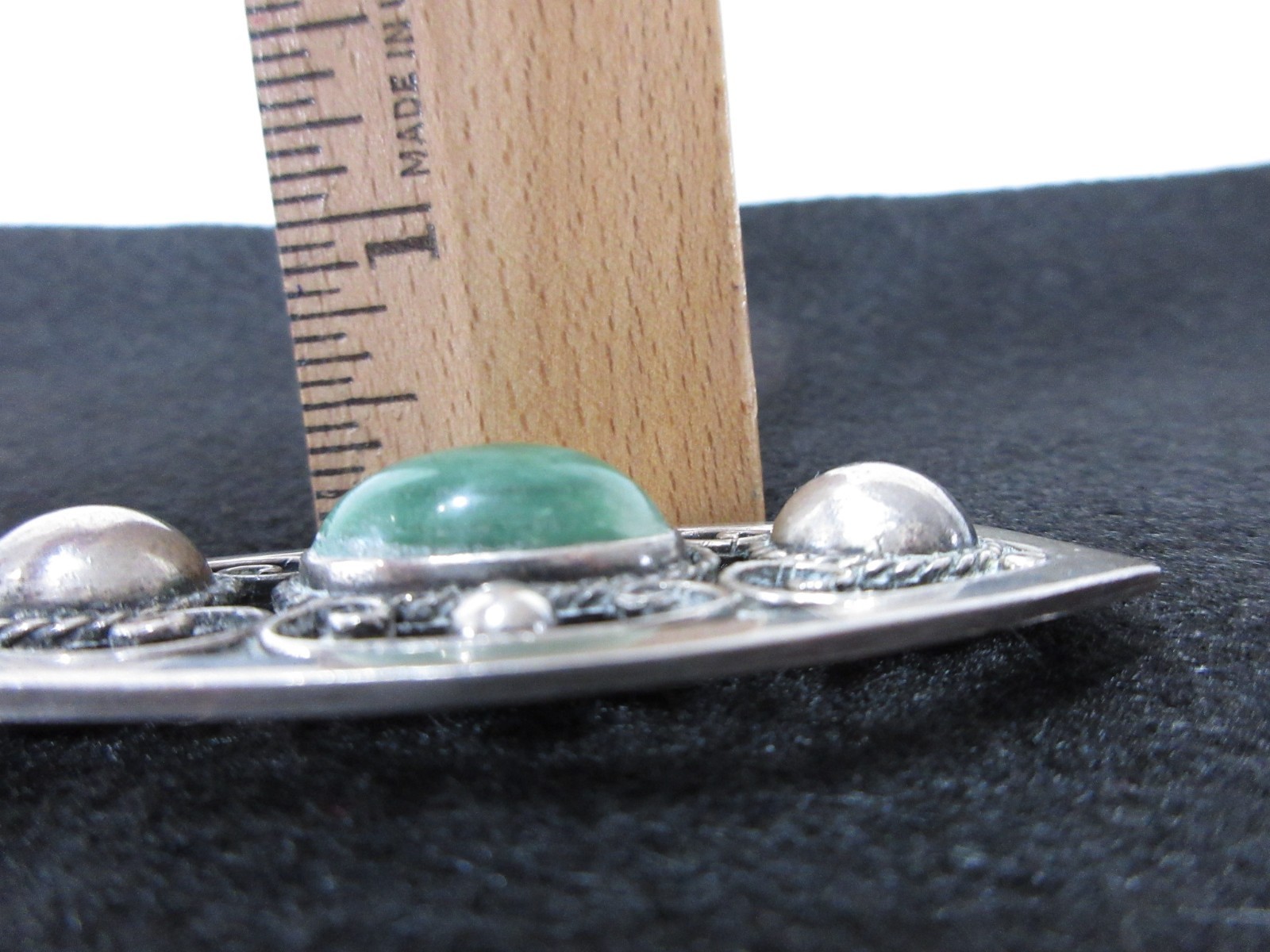 Antique Sterling Silver & Green Cabochon Stone Brooch Mexico Intaglio 980 NICE