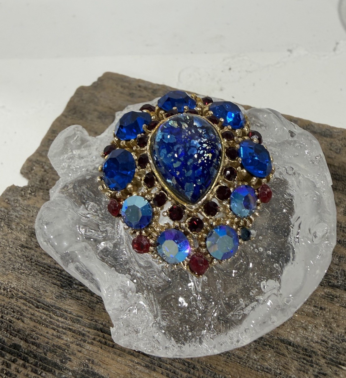 Vintage Brooch Center Teardrop Colbalt Blue AB Rhinestone Ruby Red Accent Stones
