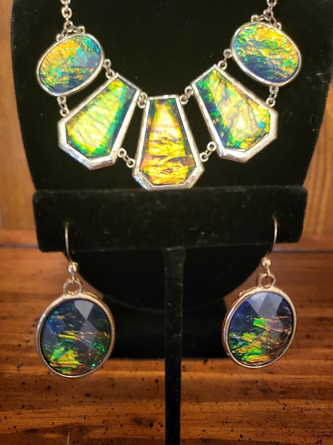 Green Tone Iridescent Enamel Necklace & Earrings Set-Preowned