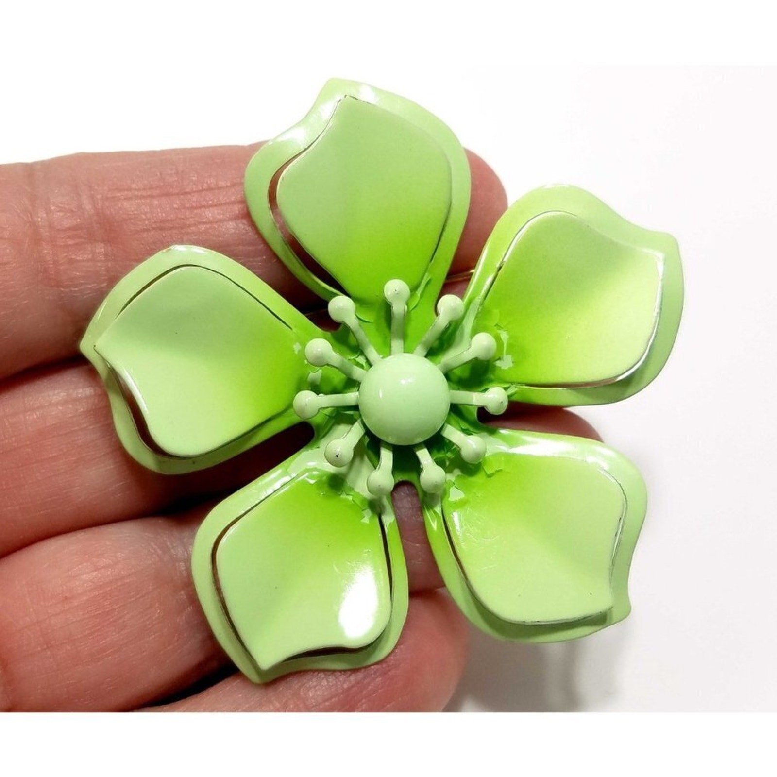 Vintage Light Green Flower Brooch, Enamel On Metal, 1960s, 2 3/8 Inches