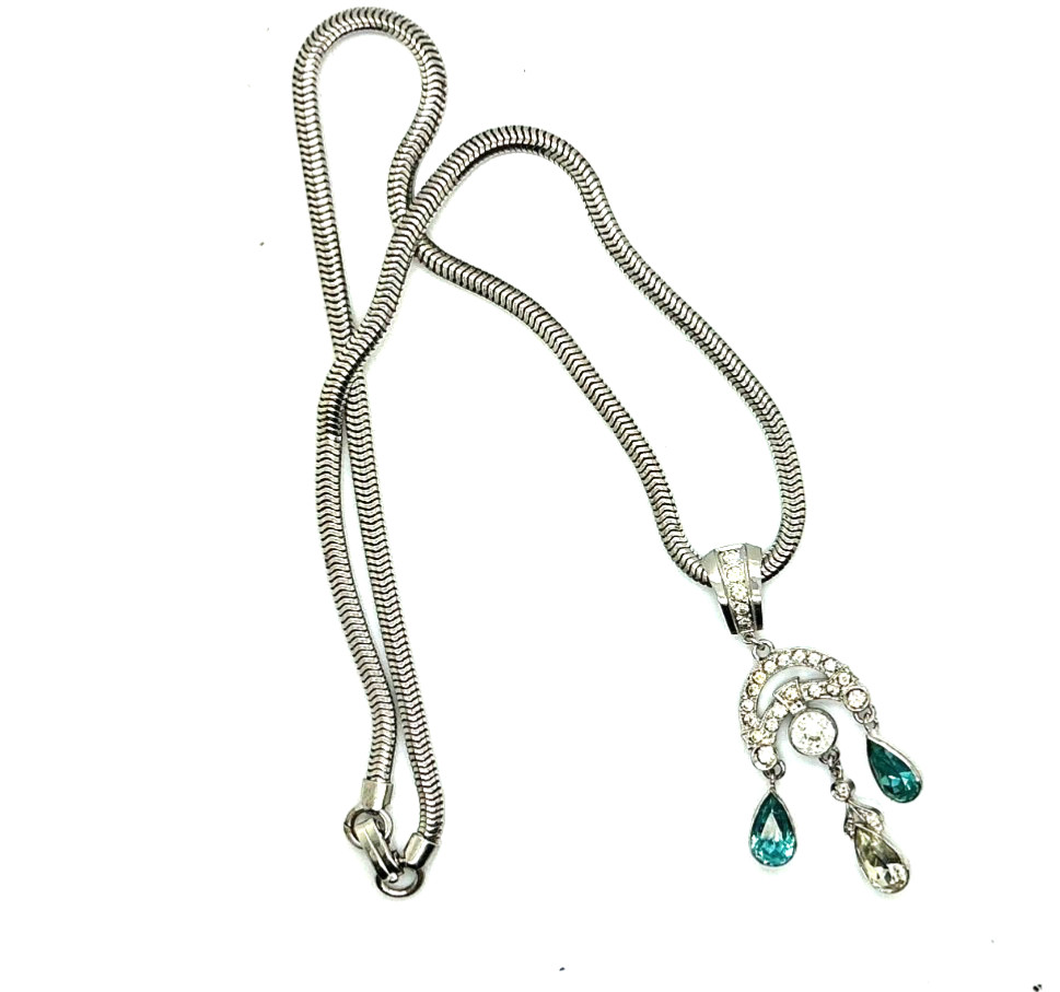 GORGEOUS Edwardian Sterling Silver Blue Crystal Pendant Drop Necklace 16″ Long