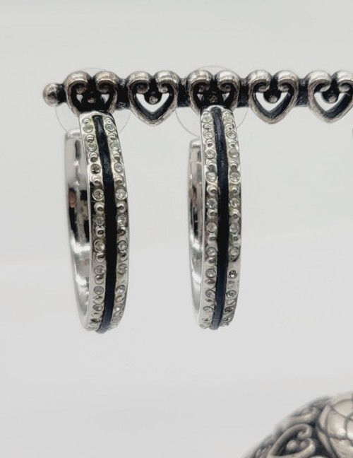 Nine West Hoop Earring Silver Tone Black with Crystal accent Pierced 1.5 in
