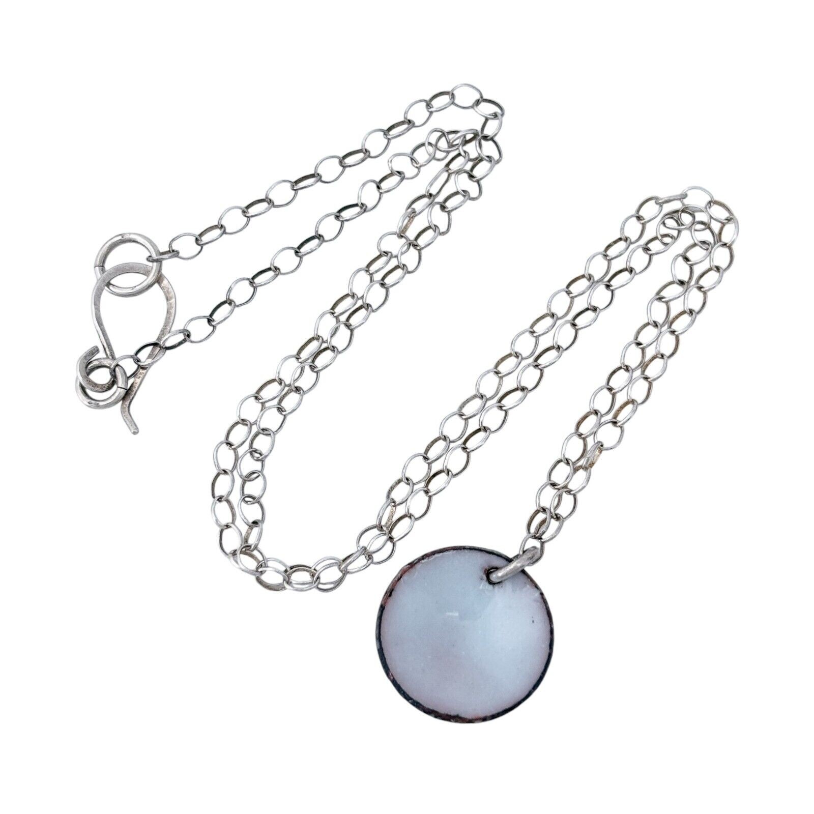 Vintage Silver-Tone Chain Necklace with White Enamel Disk Pendant 16.75″