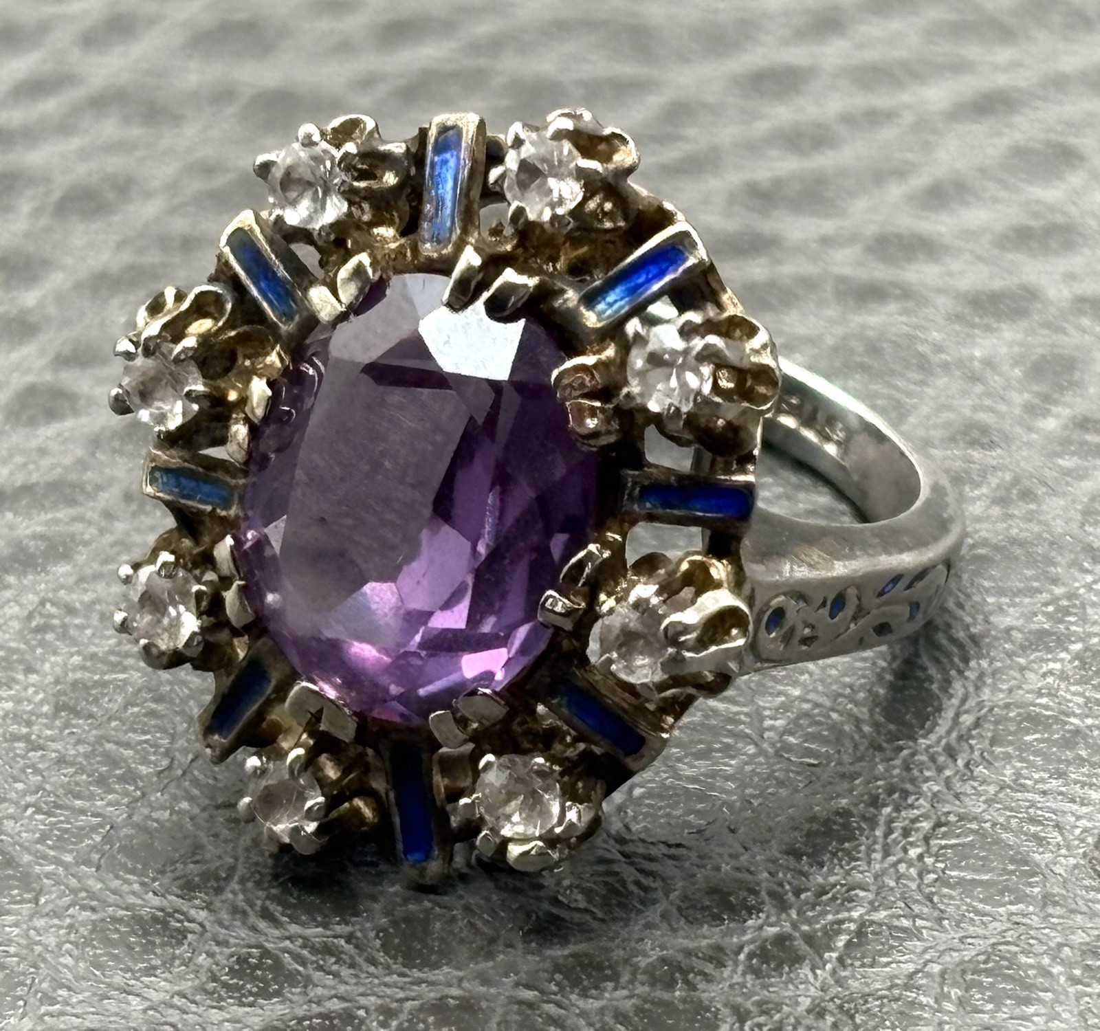 Vintage Huge Purple Sapphire Sterling Silver Blue Enamel Cocktail Ring Size 5.5