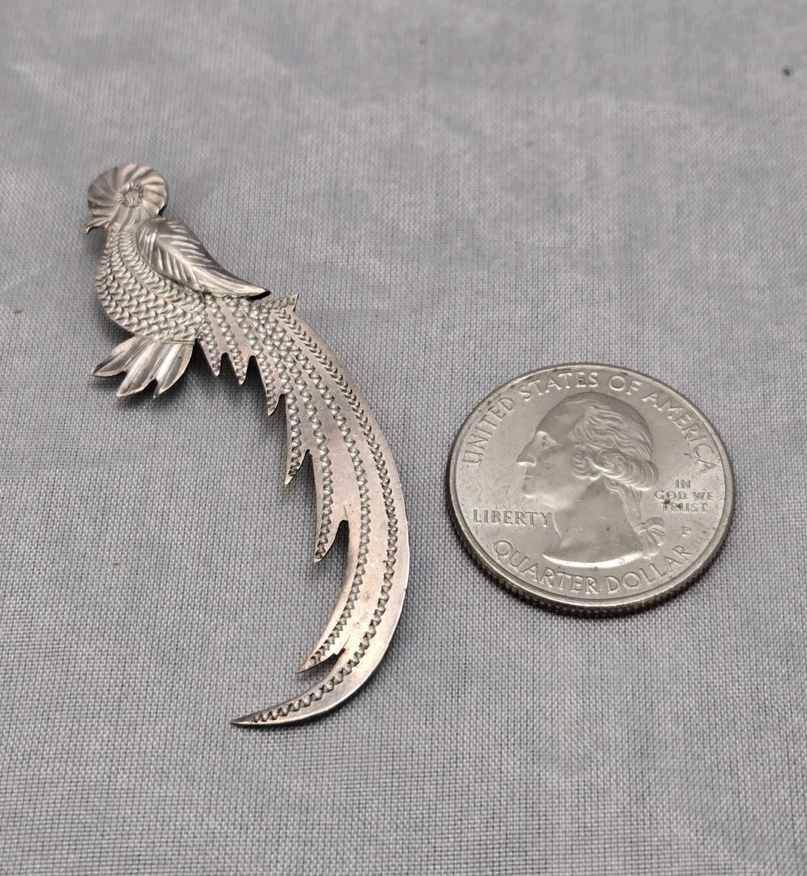 Quetzal Bird Figural 900 Silver Detailed Signed Guatemala Vintage Pin Brooch