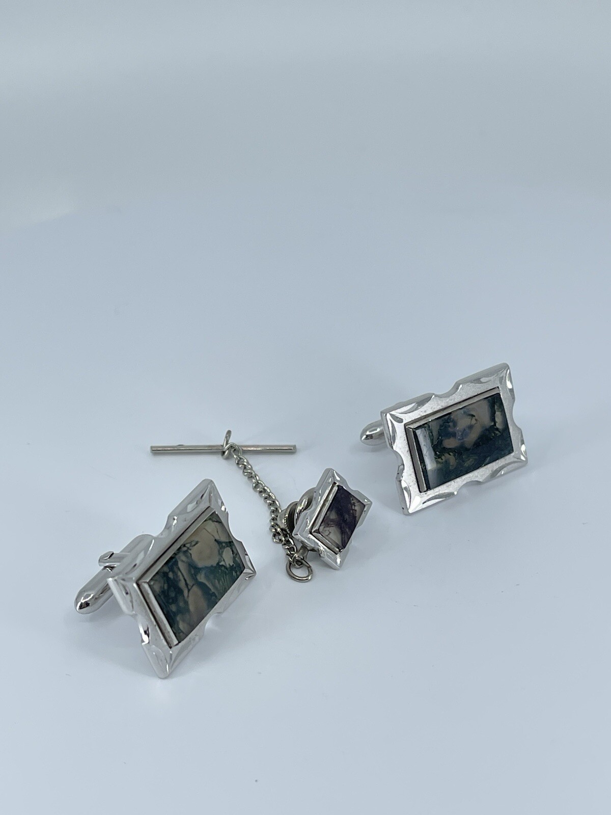 Swank Cufflink and Tie Tack set Jadeite rectangle silver tone 3/4″