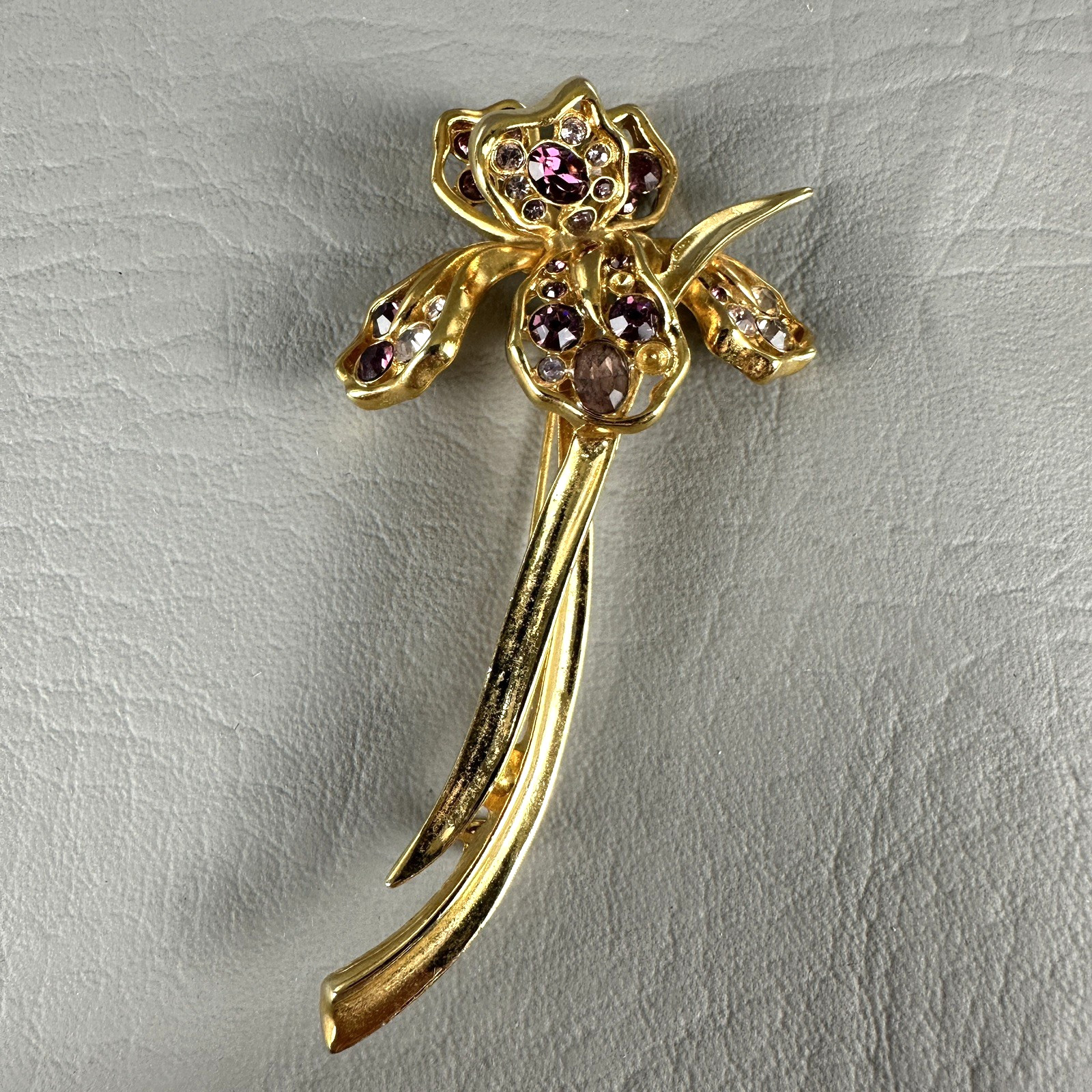 Vintage Flower Brooch Gold Tone Orchid Iris Purple Rhinestones 3.25″