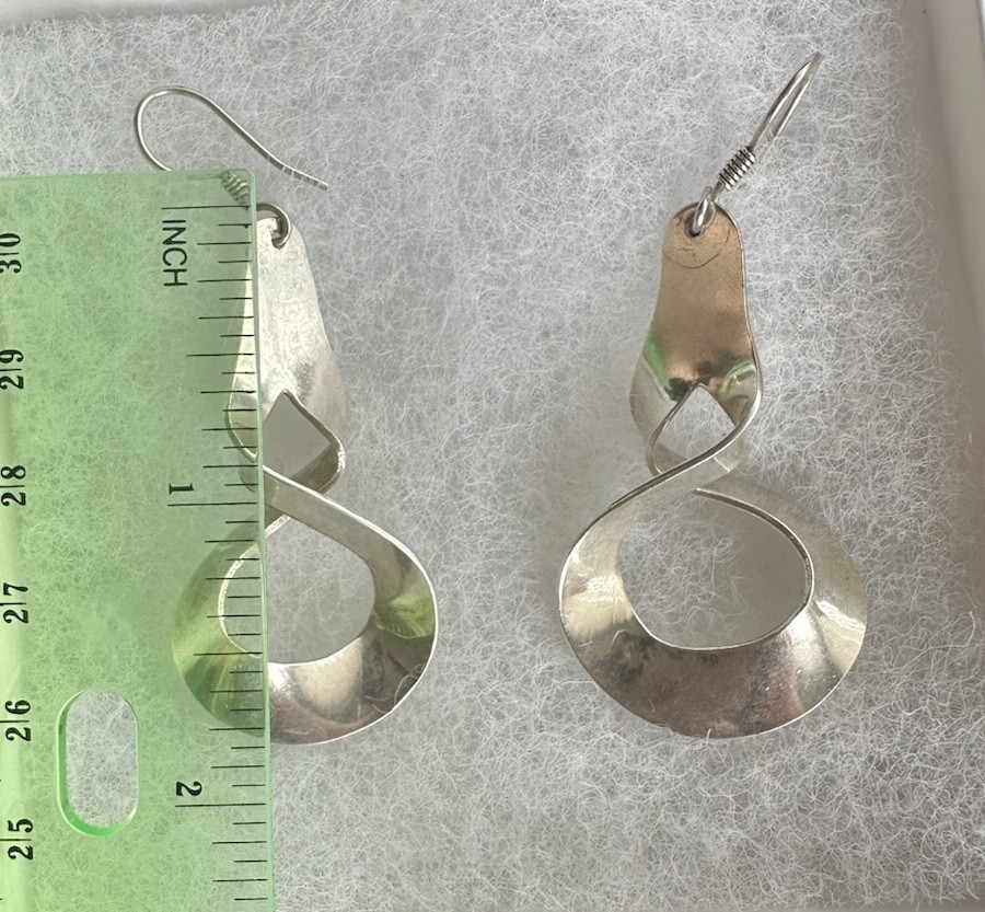 Vintage MEX CD 925 Sterling Silver Twist Dangle Earrings Modernist Taxco Style