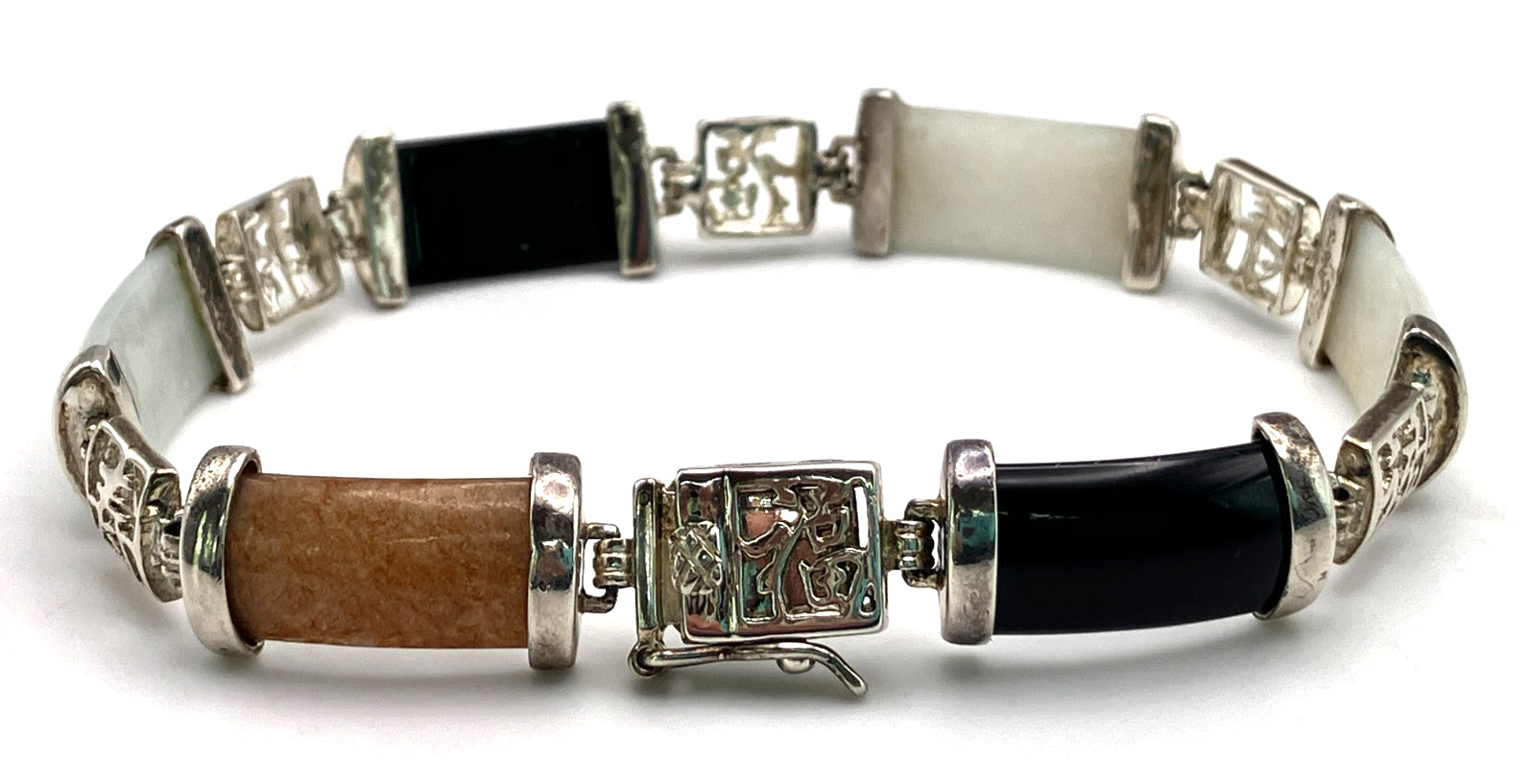 DBJ Dee Berkley Sterling Silver Chinese Character 7.5 Inch Jade Link Bracelet