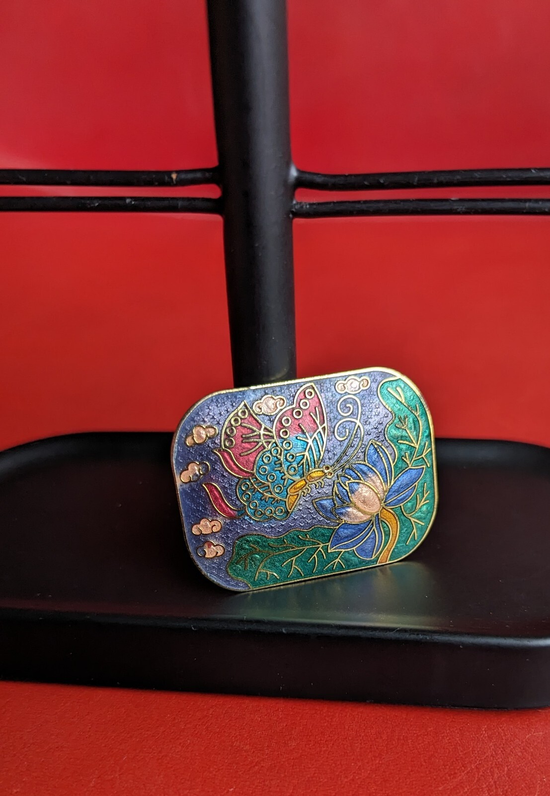 Vintage 2″ Blue Green Red Butterfly Flower Cloisonne Enamel Gold Tone Brooch Pin
