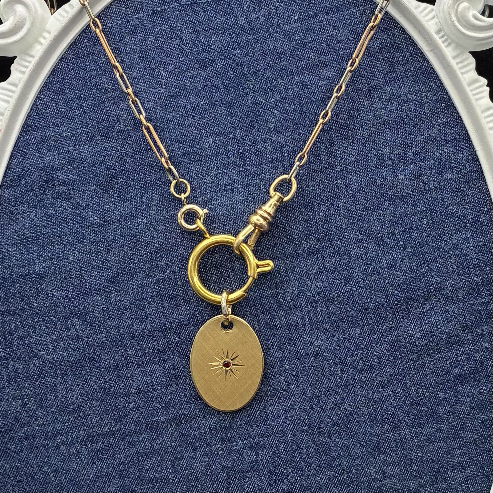 Vintage 12k Gold Filled Pocket Watch Chain FOB,Dog Clip,O-Ring, Ruby-Glass Charm