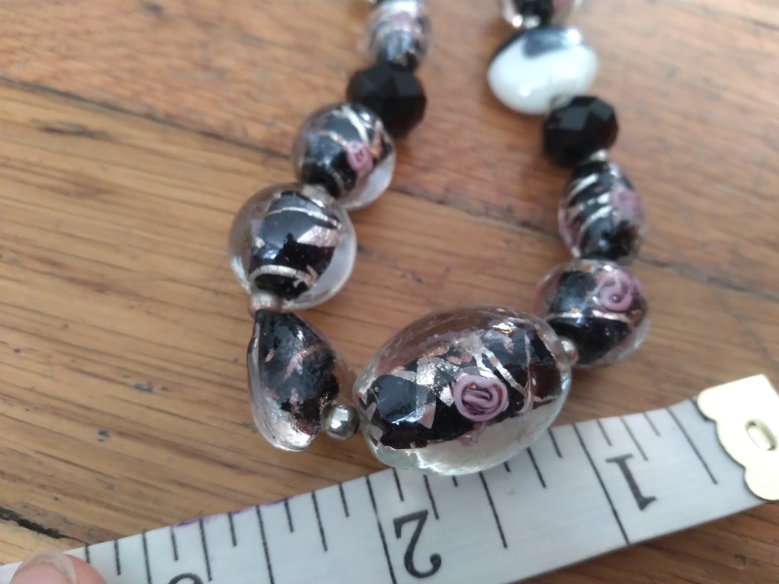 Vintage Foil Glass Rose Beaded Necklace 18 Inches Murano Style