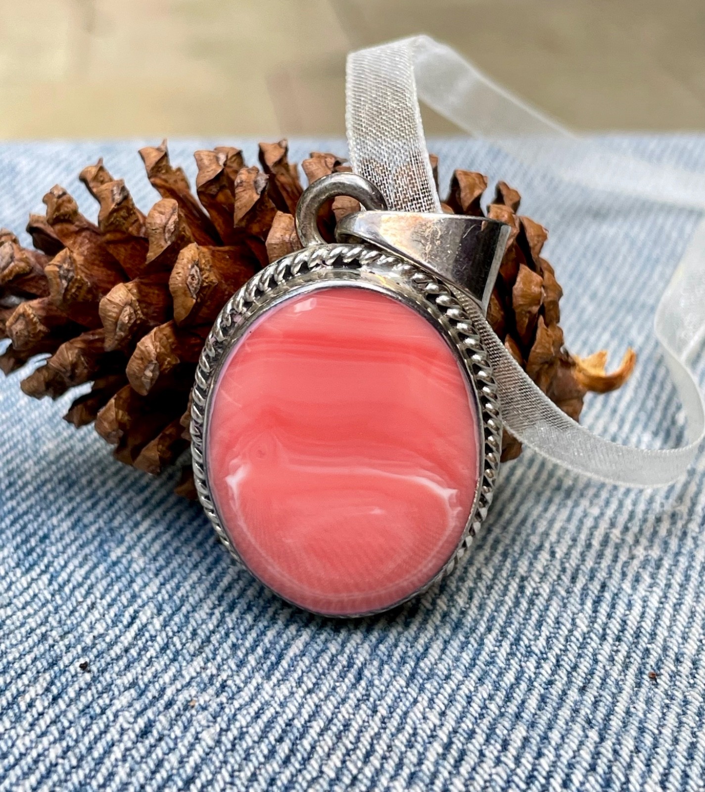 🎥 2″ Beach Peach Pink Spiny Oyster Sterling Silver Mexico Pendant Orange Vtg