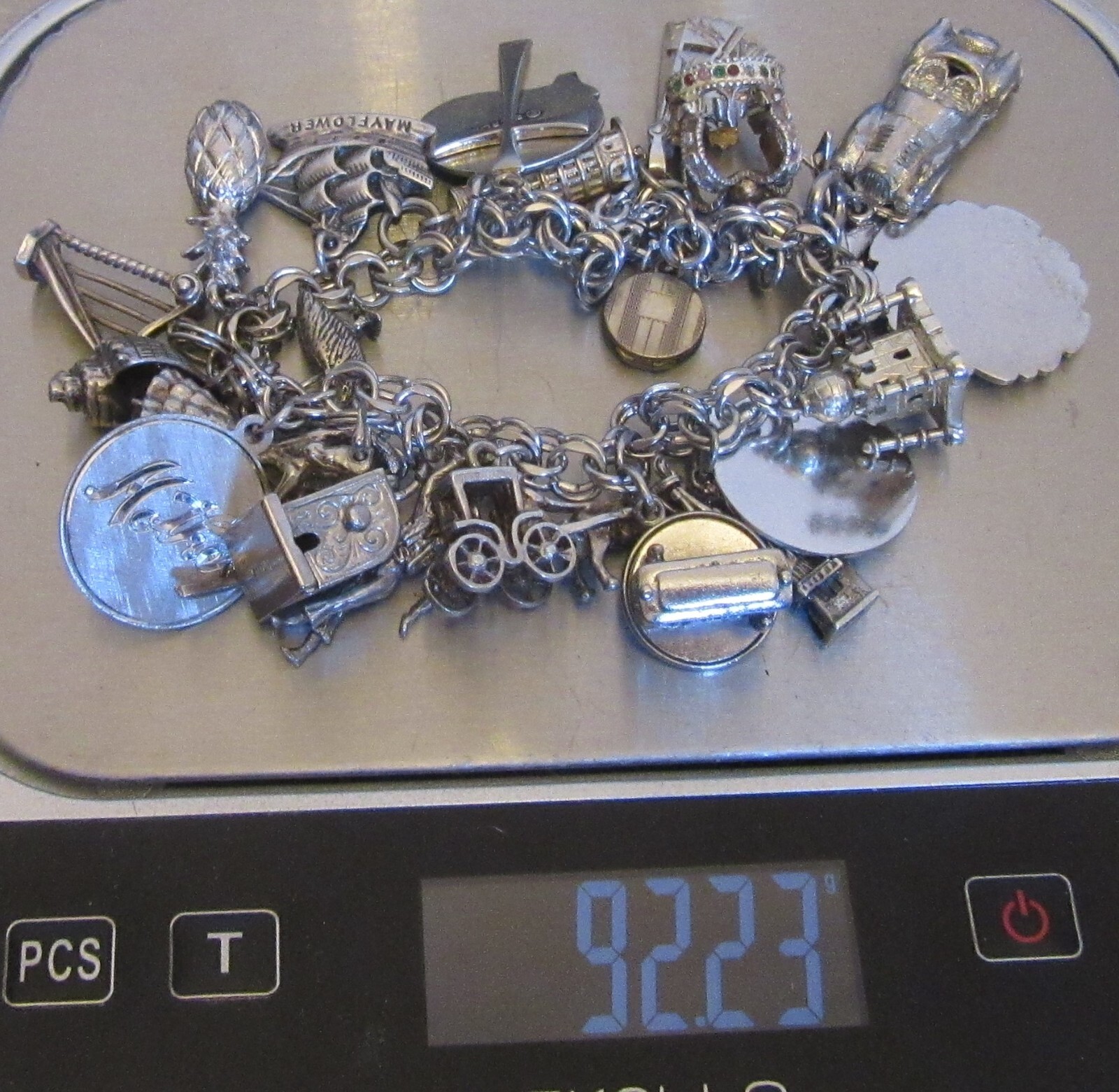 Vintage Sterling Silver Charm Bracelet Loaded 24P Buildings Travel 3D Full 92g