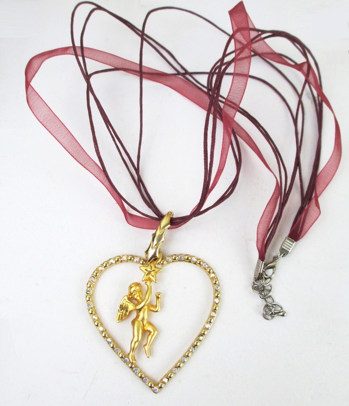 Vintage Gold Cherub Angel AB Rhinestone Heart Necklace LR 1996 Lady Remington