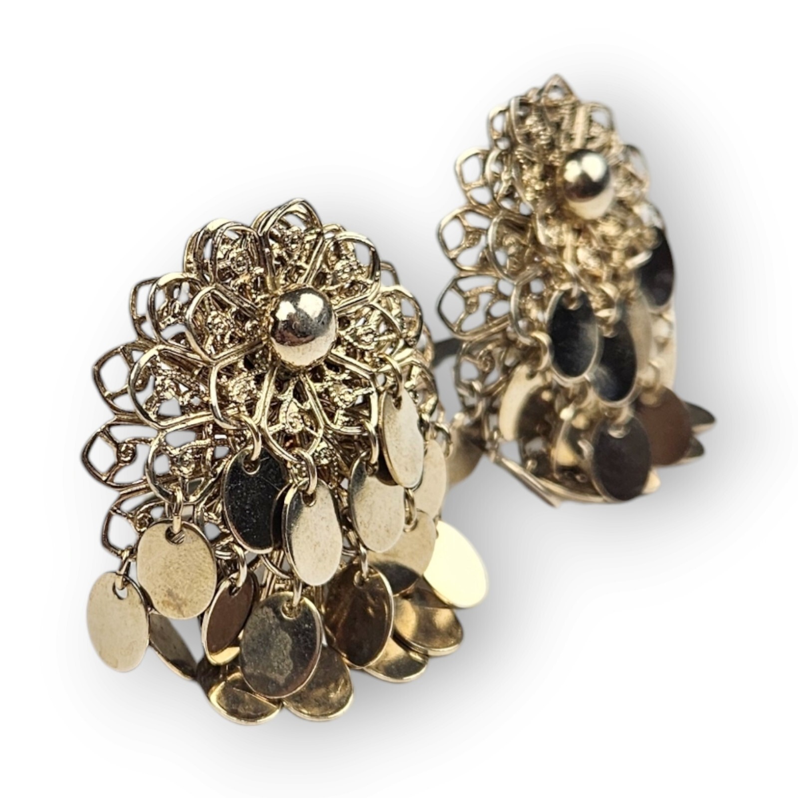 Vintage Filigree Flower Earrings Dangling Fringe Brass Layered Clip On 1.5″ Long